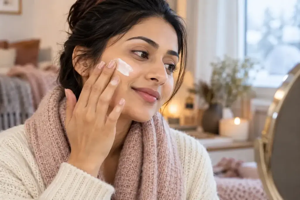 सर्दियों में स्किन ड्राई (Dry Skin) क्यों होती है? 4 चीज़ें जो आपको नहीं करनी चाहिए 2 ड्राई स्किन पर मॉइस्चराइज़र लगाती महिला