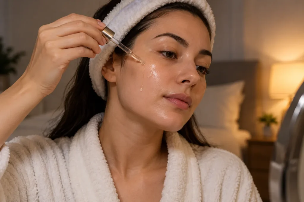 पिगमेंटेशन (Pigmentation) और डार्क स्पॉट्स हटाने की 2-स्टेप नाइट रूटीन 2 रात में चेहरे पर सीरम की बूंदें लगाती महिला