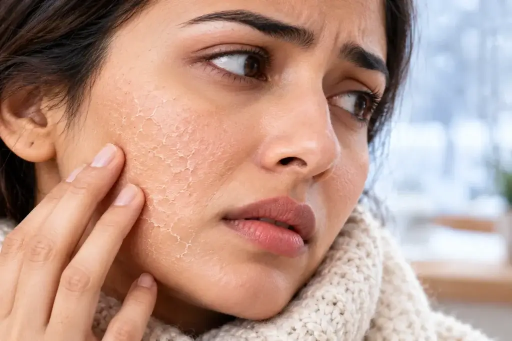 सर्दियों में स्किन ड्राई (Dry Skin) क्यों होती है? 4 चीज़ें जो आपको नहीं करनी चाहिए 1 सर्दी में रूखी, पपड़ीदार त्वचा वाला चेहरा क्लोज़अप
