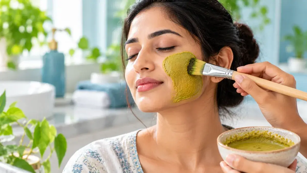 Neem for Pimples | 5 Effective Ways to Use Neem Face Packs 2 applying neem and turmeric face pack for pimples step by step