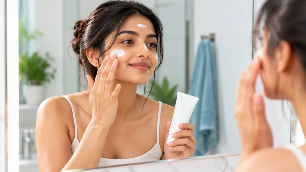 applying sunscreen to prevent facial tan