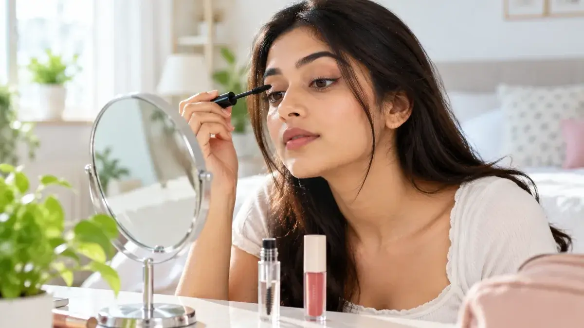 कॉलेज गर्ल्स के लिए 5 मिनट का नो-मेकअप लुक 2 college girl applying mascara and brow gel