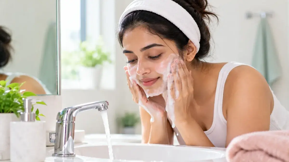 कॉलेज गर्ल्स के लिए 5 मिनट का नो-मेकअप लुक 1 college girl cleansing face in the morning