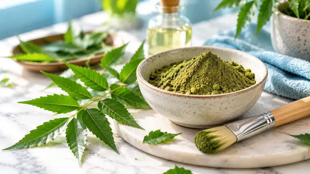 Neem for Pimples | 5 Effective Ways to Use Neem Face Packs 1 fresh neem leaves and neem powder for neem face pack for pimples