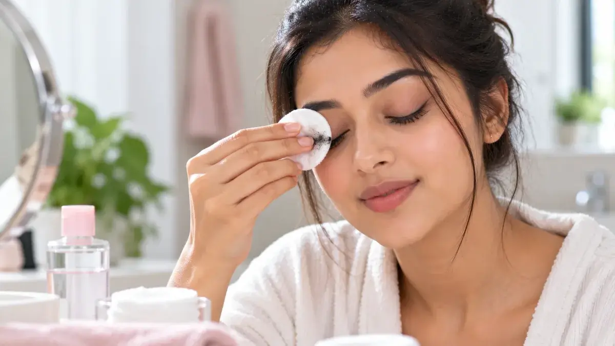 कॉटन पैड से धीरे-धीरे मस्कारा हटाती महिला
