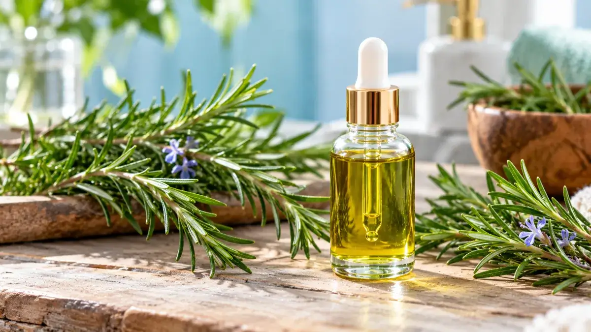 rosemary oil for hair growth bottle with fresh rosemary sprigs