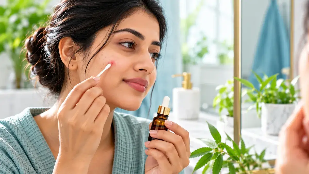 applying tea tree oil spot treatment on acne