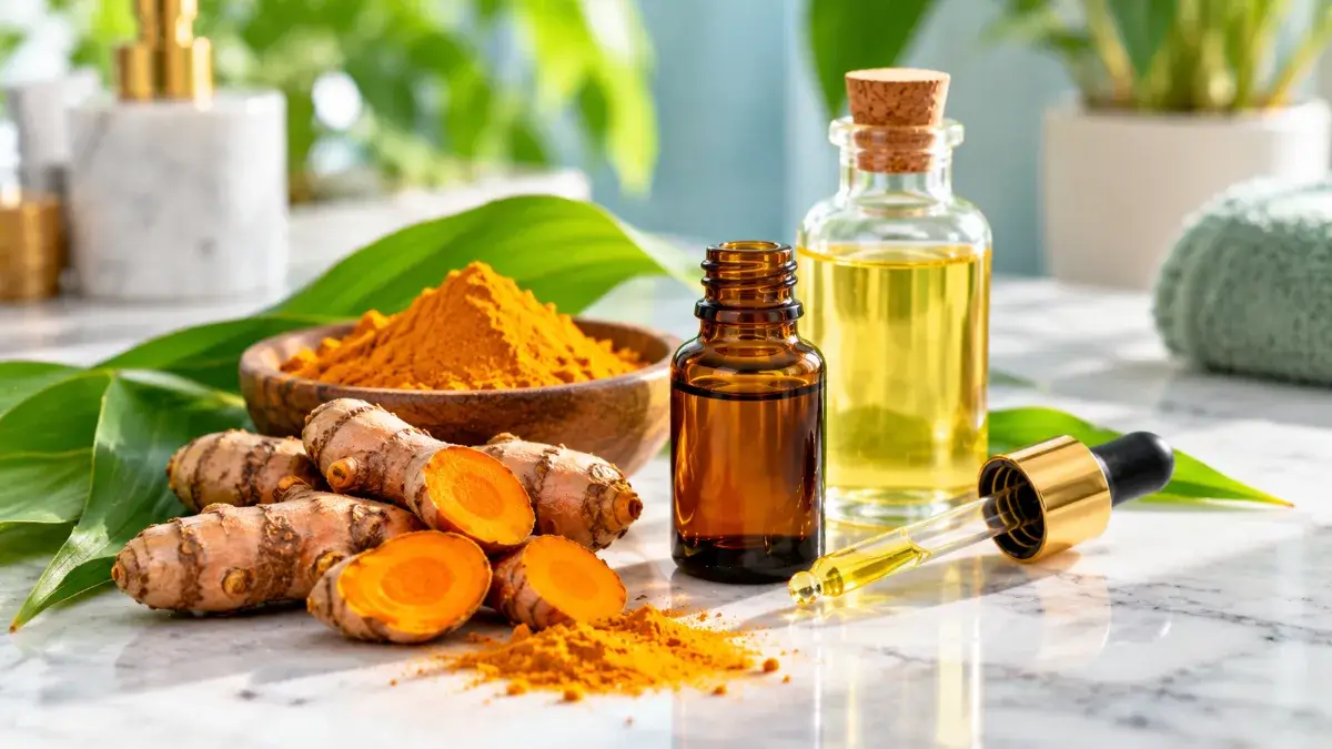 turmeric oil for skin bottle with haldi roots and carrier oil